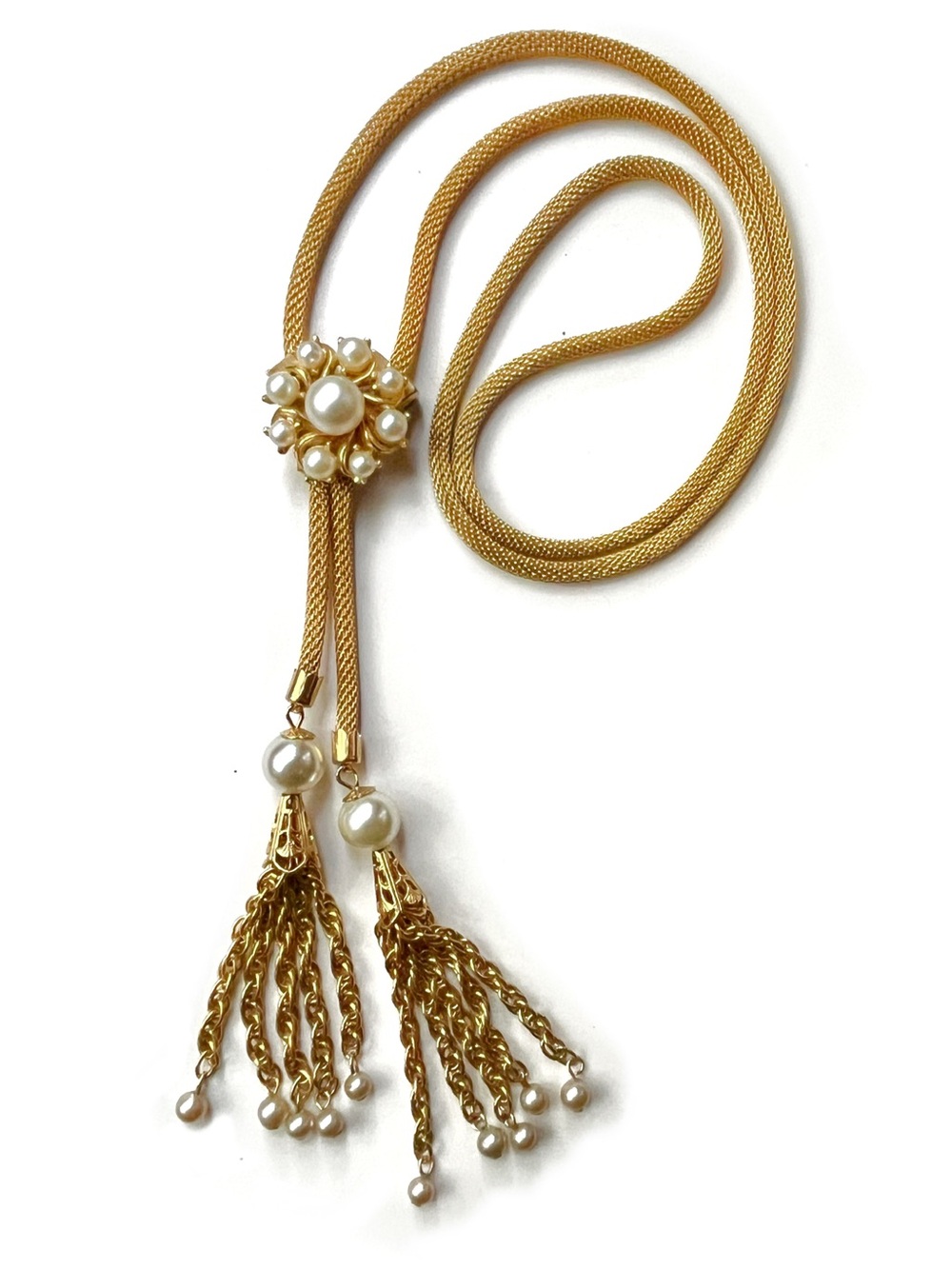 Vintage 34” Slide Faux Pearl Tassel Necklace Choker Lariat Mesh Wheat Chain